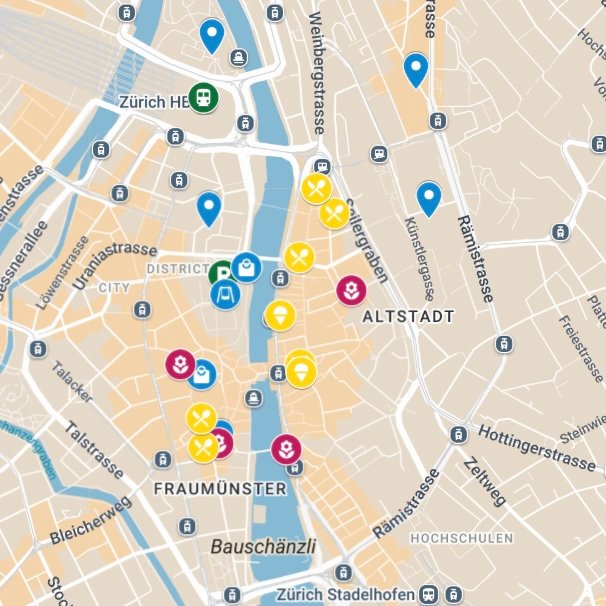 Map of Rose Fountains, family activities, parking and dinning in Zurich