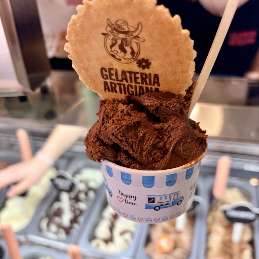 Small cup of chocolate gelato from Gelateria Artigiana in Brunnen Canton Schwyz Switzerland