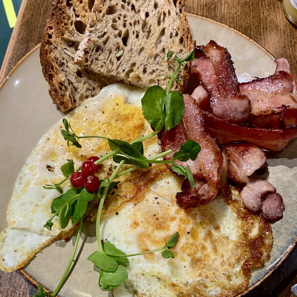 Eggs with Bacon and Toast Breakfast at Claudie Coffee Shop in Les Gets