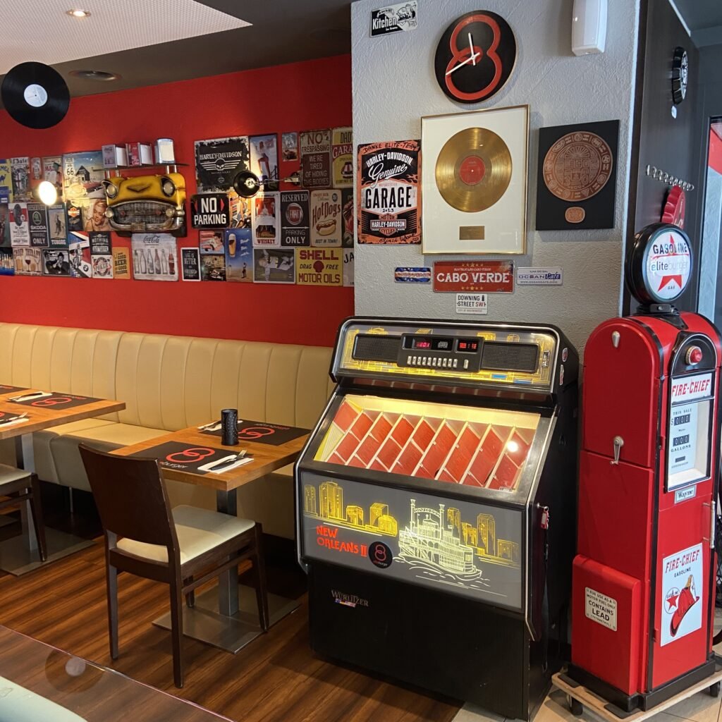 Retro decor and indoor seating at Elite Burger Brunnen Canton Schwyz Switzerland