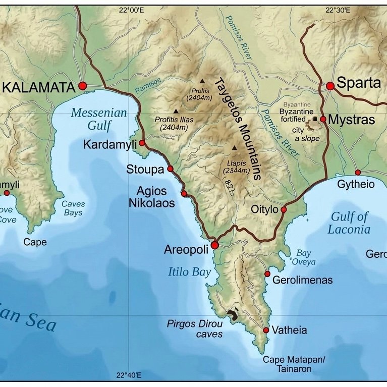 Map of Mani Peninsula in the Peloponnese Greece