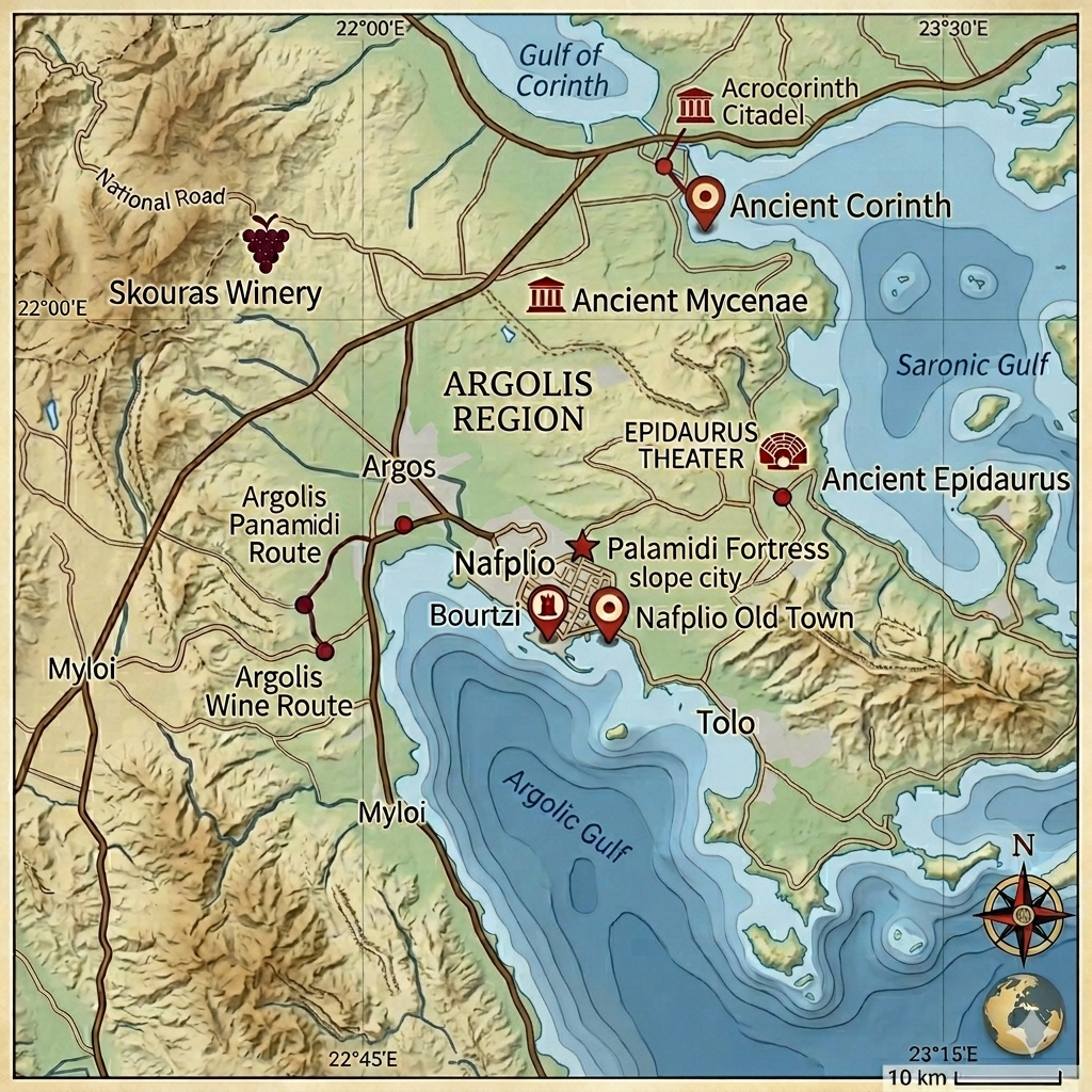 Map of Destinations for Nafplio Peloponnese Greek Road Trip