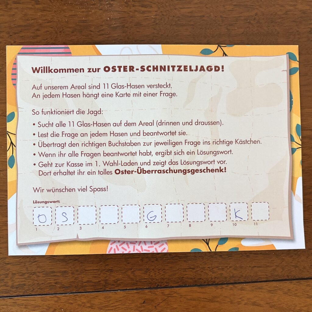 Free scavenger hunt card for Easter Bunny Hunt at Glasi Hergiswil near Lucerne Switzerland