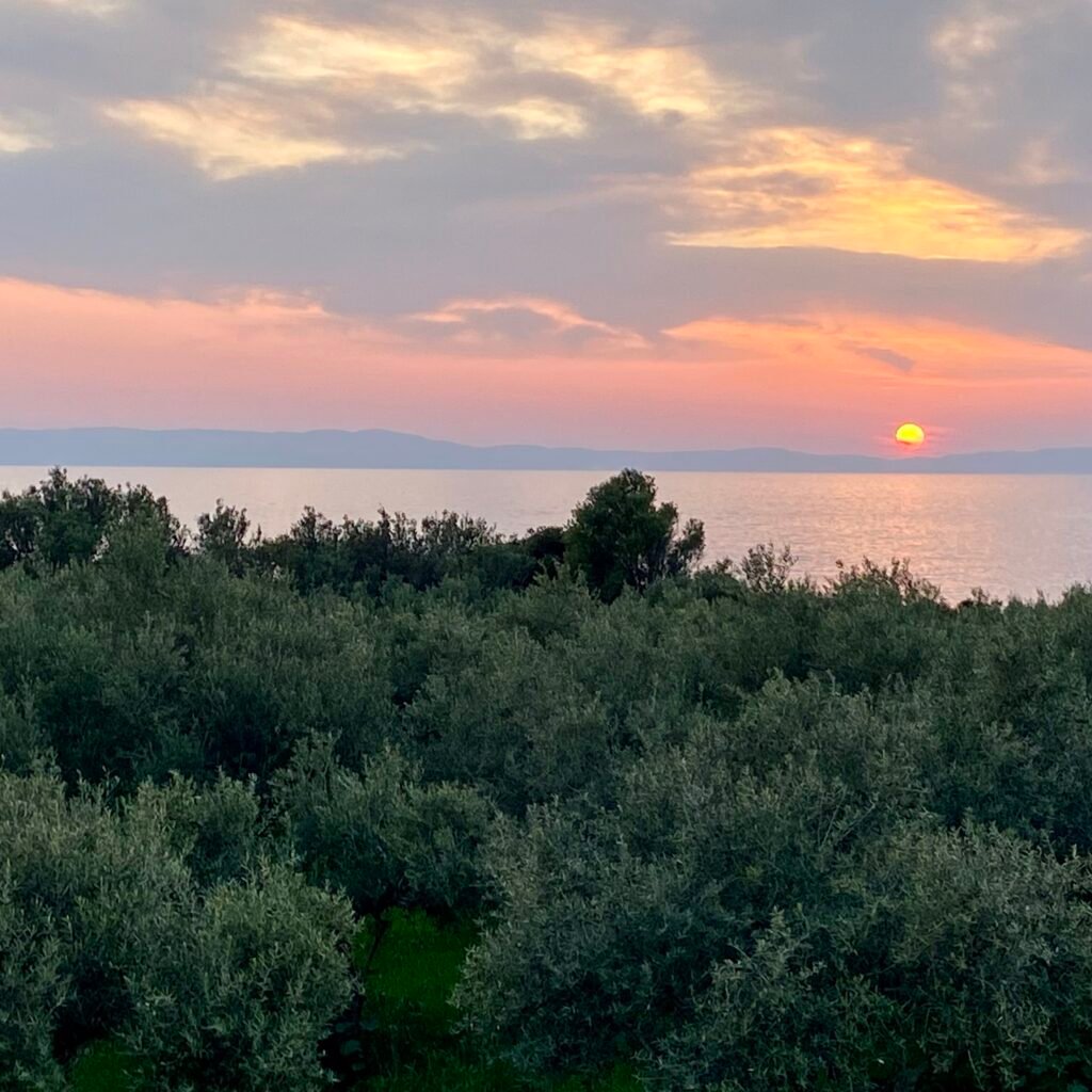 Sunset from upstairs balcony at Villa Chrysanthi in Stoupa in the Mani Peninsula
