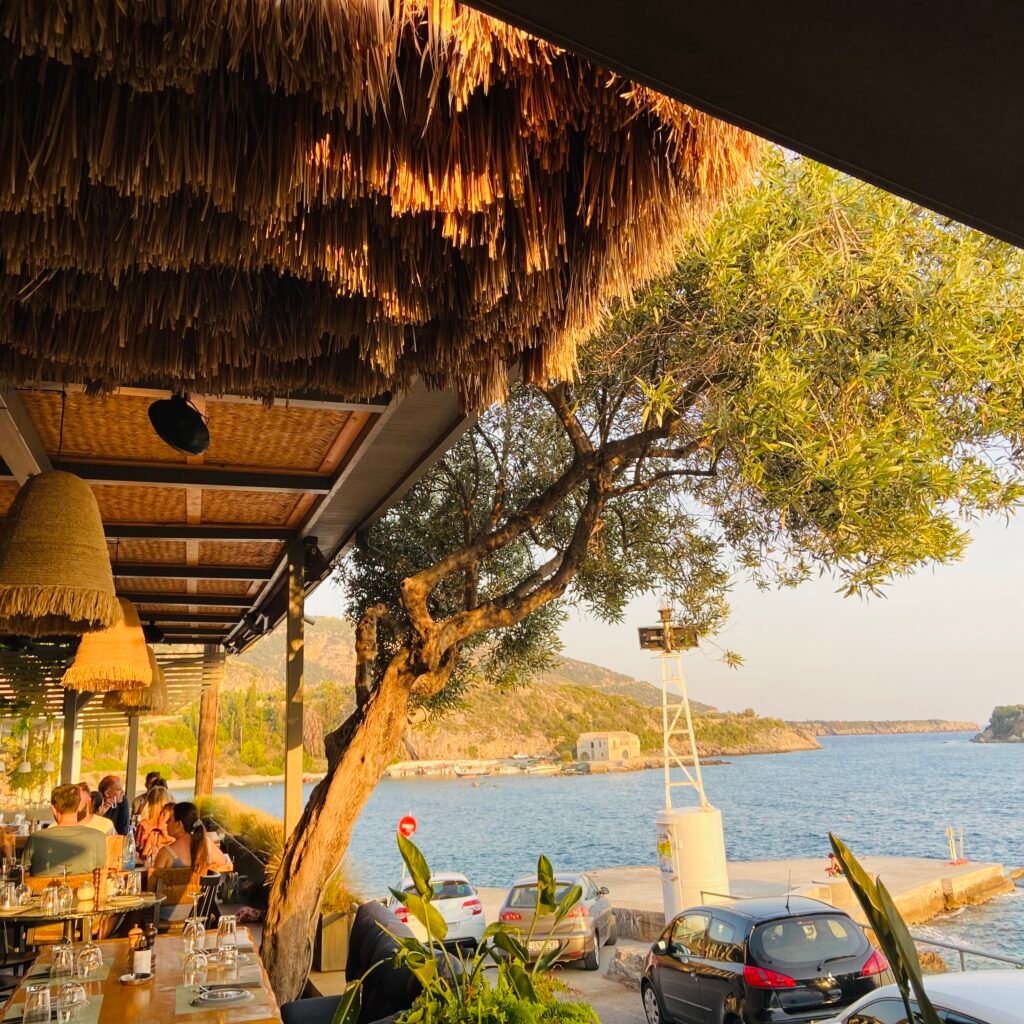 covered outdoor dinning area at Tikla Cuzina Kardamili in the Mani Peninsula