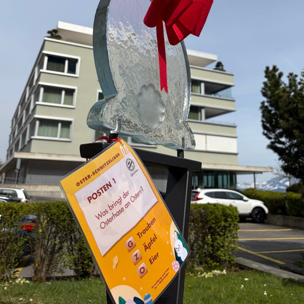 Puzzle to solve on hidden glass bunny for Easter Scavenger Hunt at Glasi Hergiswil near Lucerne Switzerland