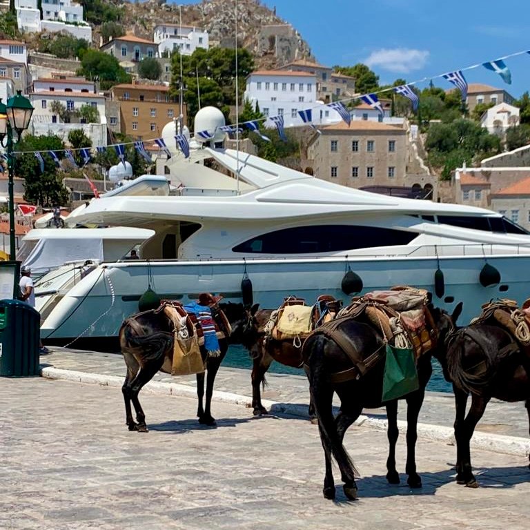 Donkeys, yachts, stone buildings in the harbor of the Greek Island of Hydra