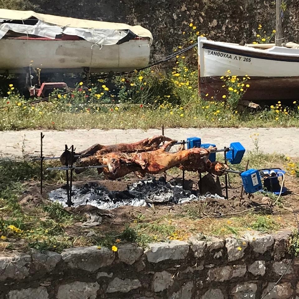 Lamb roasting for Greek Orthodox Easter on Greek Island of Hydra