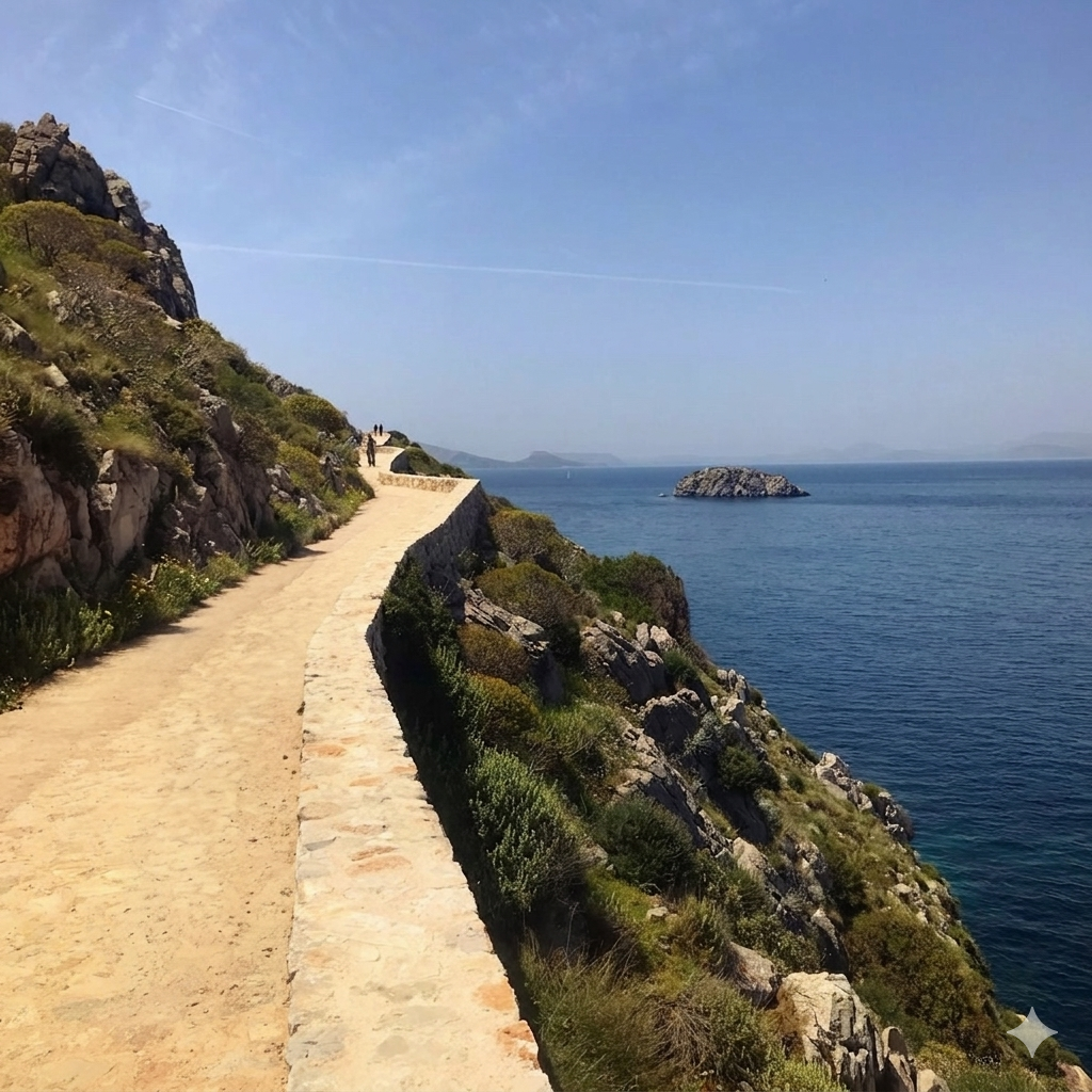 Coastal footpath on the Greek Island of Hydra with views of the Mediterranean