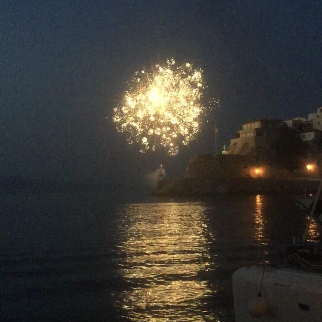 Firework display in the harbor during Greek Orthodox Easter on Greek Island of Hydra