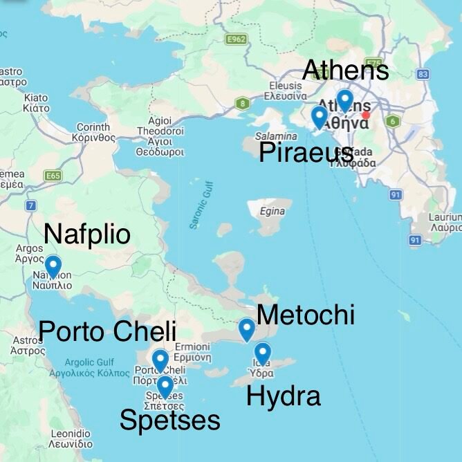 Map of Greece with Nafplio, Porto Cheli, Spetses, Hydra, Metochi, Piraeus, and Athens