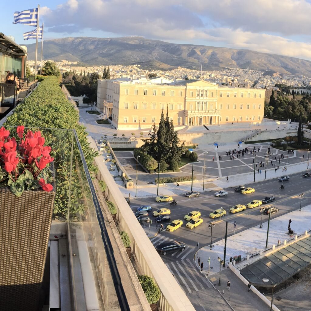 View of Syntagma Square from Hotel Grande Bretagne Roof Garden Restaurant & Bar Family Guide to Athens