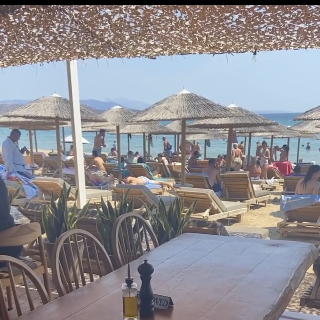 Shaded dinning area Delfini Beach Restaurant at Schinias Beach Day Trips from Athens for Families