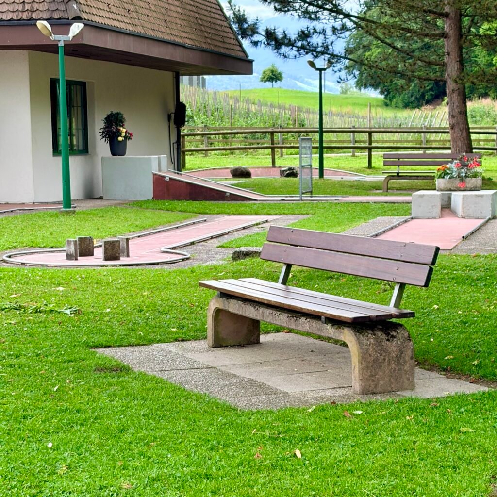 Mini golf area at Wirtschaft Trumpf-Buur Family Day Trip Near Lucerne Switzerland
