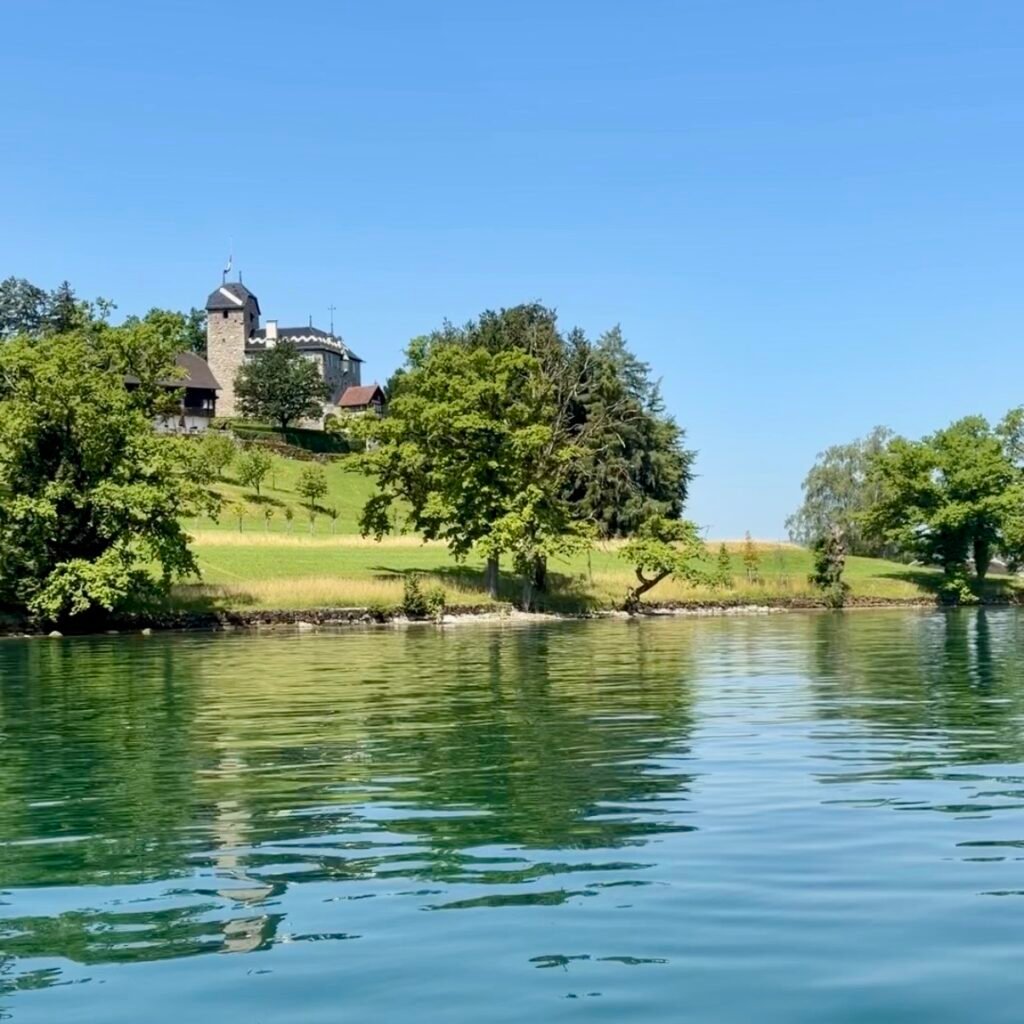 View from pontoon boat from Zug Boat Rental on Lake Zug Switzerland Family Day Trip
